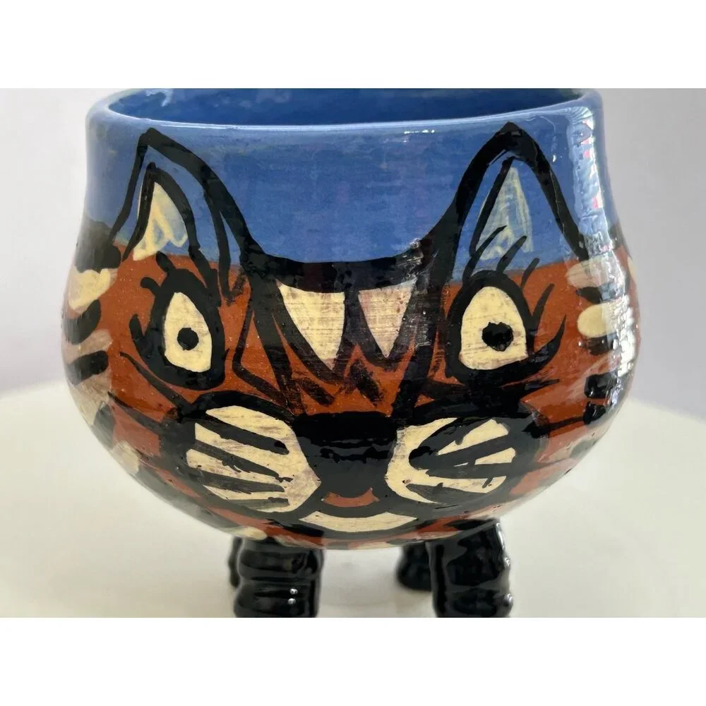 Handmade Pottery Cat Mug Sculpted Legs & Handle Blue Brown Black Whimsical Fun - Picture 9 of 9